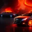 Placeholder: sweeping view of detailed phong shaded rendering of a car made of only molten lava, headlights, bumpers, whole car is lava