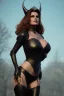 Placeholder: Raquel Welch as evil queen in black leather, leather, busty, cleavage, angry, stern look. character design by cory loftis, fenghua zhong, ryohei hase, ismail inceoglu and ruan jia. unreal engine 5, artistic lighting, highly detailed, photorealistic, fantasy