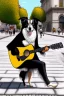 Placeholder: One single mature border collie, playing guitar in the street , Vienna, friendly, sunny day, model style, hyper realistic, extremely accurate, delicate, extremely detailed, Graphic novel style, wide-angle, open aperture, superfine pencil