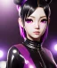 Placeholder: Detailed cute anime Kunoichi girl, purple hair buns, purple bangs, black latex bodysuit, intricate details, full body portrait, keep head in frame, slight smile, black Japanese motif, concept art, highly detailed, digital painting, concept art, sharp focus, illustration, art by Yoji Shinkawa, WLOP and greg rutkowski and alphonse mucha and artgerm and yanjun Chen and Junji ito and Makoto Shinkai, HDR, octane render