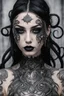 Placeholder: Girl goth many tattoos on his face, siting, fullbody, tentacles out from her, intricate, macro photography,