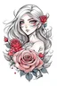 Placeholder: tattoo design, cartoon, girl style anime, delicated rose´s, background white