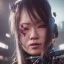 Placeholder: portrait closeup face crying half hitomi tanaka half cyborg middlecyborgs post-apocalypse in a cyberpunk city, sci-fi fantasy style, volumetric lighting, particales,highly detailed,cinamatic, deep colours,