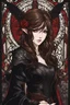 Placeholder: A confident looking young woman with pale skin and long brown hair in a dark fantasy setting with intricate details. She is wearing black and read leather, has red eyes, an air of malevolent power surrounds her. Anime style. High definition.