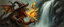 Placeholder: octopus bird witch bear dragon waterfall looks beyond really powerful slapping a bird in the face with fire, fantasy illustration, in the style of Rembrandt