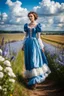 Placeholder: fullbody girl makeup wearing a victorian dress walking in country side ,flowers ,pretty clouds in blue sky