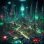Placeholder: highly detailed space city in space , green red and blue light bulbs , luminescent , 35 mm focal length