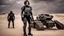 Placeholder: beautiful caucasian female soldier, black metal body and limbs, visible cybernetic limbs, scratched sand camo metal details, short brunette wavy bob haircut, dystopian, desert scene