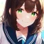 Placeholder: Clear focus,High resolution, brown short fluffy hair, long bangs, and green eyes, Depressed girl, wearing a sailor uniform, Smug smile, half closed eyes, smile, Extreme close up