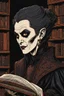 Placeholder: museum quality color woodcut portrait of a scholarly Nosferatu female vampire with highly detailed hair and facial features in a library filled with dusty ancient tomes, in the style of Gustave Baumann, with a fine art , graphic novel aesthetic, highly detailed, finely cut ,8k render,