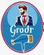 Placeholder: A circular logo with a groom vector in a suit at the top of the logo and a hair dryer vector logo at the bottom in a blue, red, white, and gold color theme.