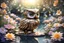 Placeholder: gemstone and jewel owl and small chibi duck in a flowergarden with beautiful flowers, pond, in sunshine, H.R. Giger, anime, steampunk, sürreal, watercolor and black in outlines, golden glitter, ethereal, cinematic postprocessing, bokeh, dof
