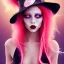 Placeholder: Beautiful pink witch made of fire with red eyes. Long curly wild pastel pink hair. Pink and red eyeshadow. Red lipstick. Freckles. Big pink witch hat.