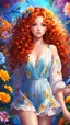 Placeholder: pretty anime girl with bright ginger curly hair in romper dress, glowing blue eyes, surrounded by colorful flowers, fantasy, digital painting, vivid colors, vibrant colors, colorful