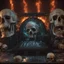 Placeholder: DJ of the damnded, insanely detailed DJ booth in hell, MID set, speakers and equipment made of bone, anatomically correct, add more skulls in th audience, photorealism, vray, 8k 3d