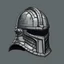 Placeholder: hero knight helmet, detailed, pixel style, plain grey background, contrasting bg