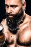 Placeholder: close up photography, dirty burly russian ugly strong 46 years old man, bullneck, milk falling from above, splashing and dripping milk in the face, milk dripping on the beard, with dirty tank top, tattoo, serious eyes, manly chest, 35mm lens, natural light