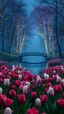 Placeholder: A bridge on a lake with white tulip growing in colored rose forest, trees, flowers, fairy lights, night, 8k, high quality, trending art, trending on artstation, sharp focus, studio photo, intricate details, highly detailed, by greg rutkowski