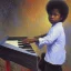 Placeholder: African American baby boy musician with black piano modern art by monet