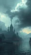 Placeholder: Fantasy world experiencing flood of a big city half covered with water and The sky is clouded with smoke
