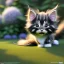 Placeholder: pixar style, volumetric garden environment and background, realistic painting of a cute midget maine coon kitten laying on the ground, looking excited, detailed digital painting, extreme dense and fine fur, anime, ornate, colour-washed colors, elegant, small minutiae, tiny features, particulars, centered, smooth, sharp focus, renderman gofur render, 8k, uhd, detailed eyes, realistic shaded volumetric lighting, sunlight caustics, backlight, centered camera view