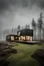 Placeholder: Modern style container home surrounded by a foggy bog. Photograph.