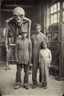 Placeholder: 1900's black and white vintage photo, interior, teeth factory warehouse, unhappy stange long grey alien human hybrid creature with a family that is sad, captured on square format film, grainy, aged