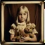 Placeholder: Blond-haired wednesday addams as a child, braids, with an chuky teddy bear, polaroid, 1970s
