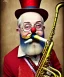 Placeholder: happy old friendly clown with round head and trimmed beard playing jazz with a steampunk theme, trumpet on mouth, circus, realistic