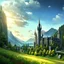 Placeholder: ConceptArt, scenery, no humans, outdoors, cloud, sky, castle, bridge, grass, tower, building, mountain, cloudy sky, landscape, day,Exodus_Style