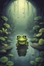 Placeholder: Cover design for a children's novel about a small frog, big eyes, a little happy, sewer background, dark atmosphere