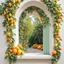 Placeholder: A window in white with an arch decorated with mangoes and light green leaves and soft orange bright colors.