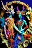 Placeholder: "Satyr Union"; surreal Satyr and Nymph couple wearing colorful Royal wedding attire made with quilling found in nature; Avant-garde