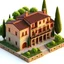 Placeholder: Tuscany villa with a 3d rendered pixar style. Lots of details, the first half of the building has stone walls, the rest is soft red. Isometric view. Lighting as dawn