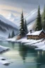 Placeholder: Winter mountain scene, river, cabin