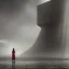 Placeholder: A princess standing. Epic scale. Heavy cold rain. Epic Thunderstorm. An engineer looking up. Futuristic scenary. Gray mist.