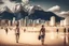 Placeholder: Modern city, people, mountains, sand