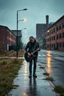 Placeholder: a very disappointed member with guitar case of a hard rock band who has been kicked out of a rehearsal space in Sweden, old factories style with bricks, deserted place overgrown plants and grass, he stands outside in the rain and cries, street lamps shining, raindrops, wind, empty roads and cycle paths next to it, really bad weather