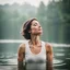 Placeholder: photography of a beautiful and happy woman, standing in lake water, eyes closed, meditation, white top, yoga flyer, brunette short wavy bob haircut, serenity, misty, relaxing image, white misty colors, foggy sunlight, high key