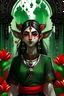 Placeholder: It's a girl in her 20s. She is one of the guards of the sacred temple. She has ears and tail like a ghost, they are very fluffy and black in color. Where the eyes are, there are red colored flowers drawn there. Her eyes are green and her hair color is black red and black and white. The girl has green lotus earrings hanging on her ears and a red ball hanging on the end of them. There are also arnamentations of autumn leaves on her skin. Her clothes are like a Chinese dress of black color, and the