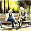 Placeholder: Watercolor painting of Salvador Dali and Albert Einstein sitting on a park bench and talking.