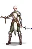 Placeholder: full length, friendly, tall 22-year old, shaved head, grey-eyed female cleric wearing scale mail wielding sickle