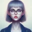 Placeholder: three Girl, short hair, glasses, sueter, darkblue tones,