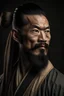 Placeholder: a realistic photo of an asian samurai man in his 30s with long hair tied in a bun and a big beard