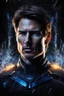 Placeholder: Tom Cruise facial portrait - pitch-black background with a blue glowing overhead spotlight effect, multicolored shards of ice, splashing water, prism effect, mosaic effect, time travel, space voyages, superheroes, moving really fast