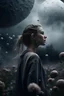 Placeholder: girl looking at the sky in the foreground, a rain of flowers falls on her, in the background you can see a huge gray planet, reference to the film Melancholy by Lars von Trier