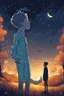 Placeholder: one non-binary person looking up to a tall ethereal person in a pasture at night during fall cartoon style sideview