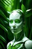 Placeholder: beautiful, white and green human android that looks like combination of James Bond and a tropical fern. Add a third eye in the center of the forehead