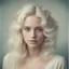 Placeholder: 1970s Polaroid head shot of a stunning young platinum haired woman, hair loosely pulled up and adorned with teeny-tiny flowers.