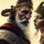 Placeholder: Viking theme, a younger woman sitting next to a 50-year-old man, portrait, 8K, close-up face, anatomically perfect face, Highly detailed stunning full frame portrait, misty and cloudy atmosphere